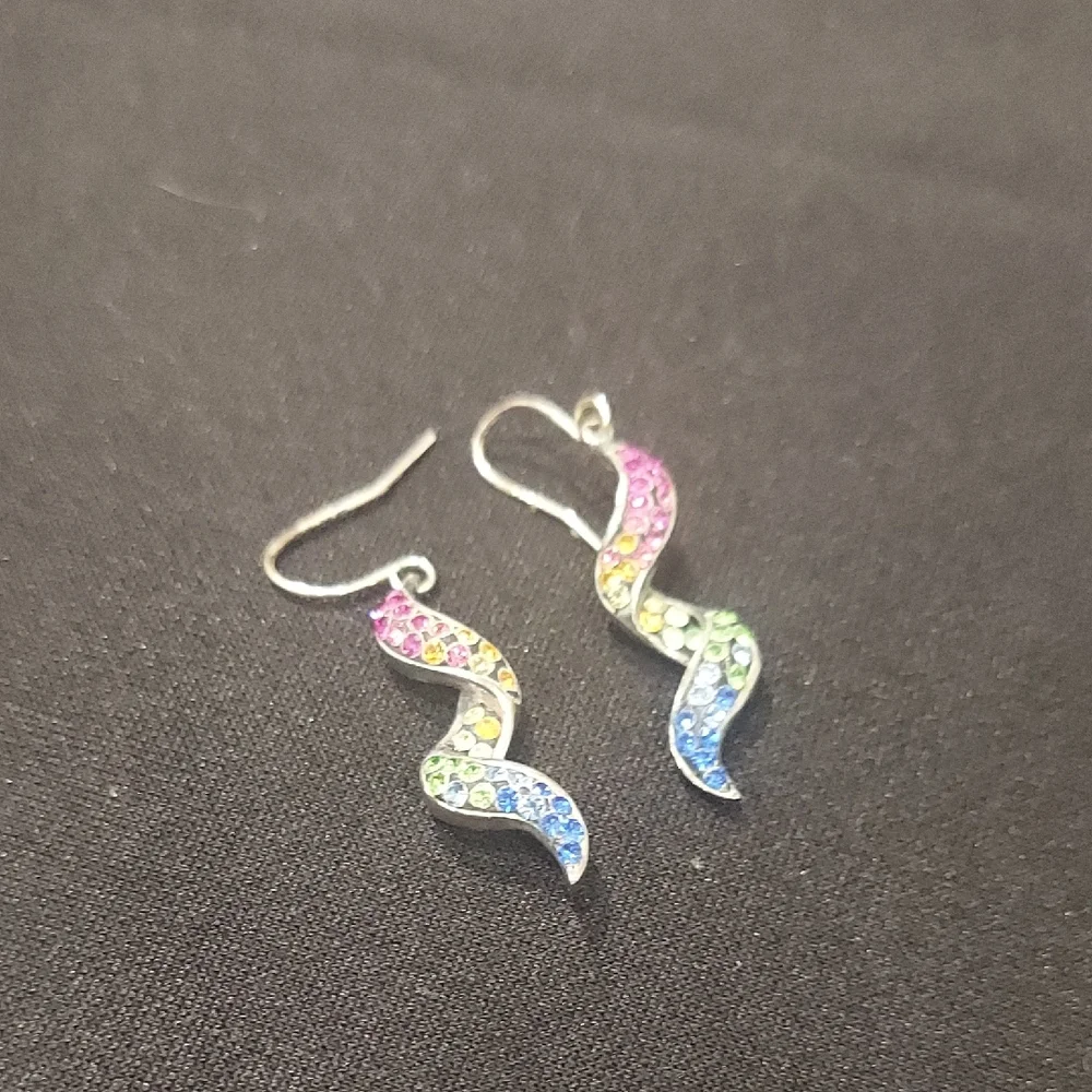 Sterling Silver Rainbow CZ Wave Earrings - Picture 2 of 4